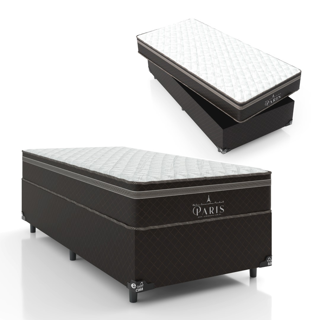 Cama Box Solteiro + Colchão Paris Molas Ensacadas Pocket -  61x88x188cm - Jacquard Marrom