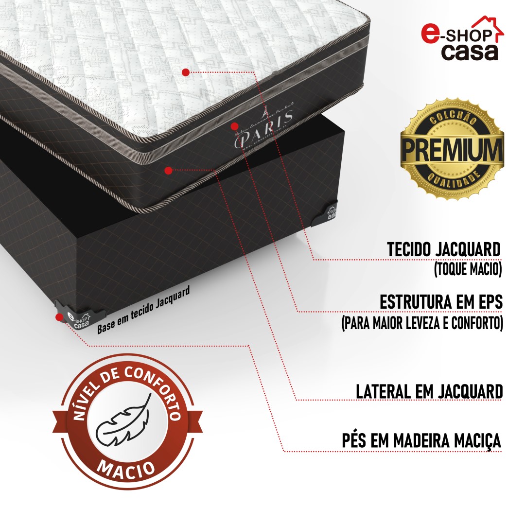 Cama Box Solteiro + Colchão Paris Molas Ensacadas Pocket -  61x88x188cm - Jacquard Marrom