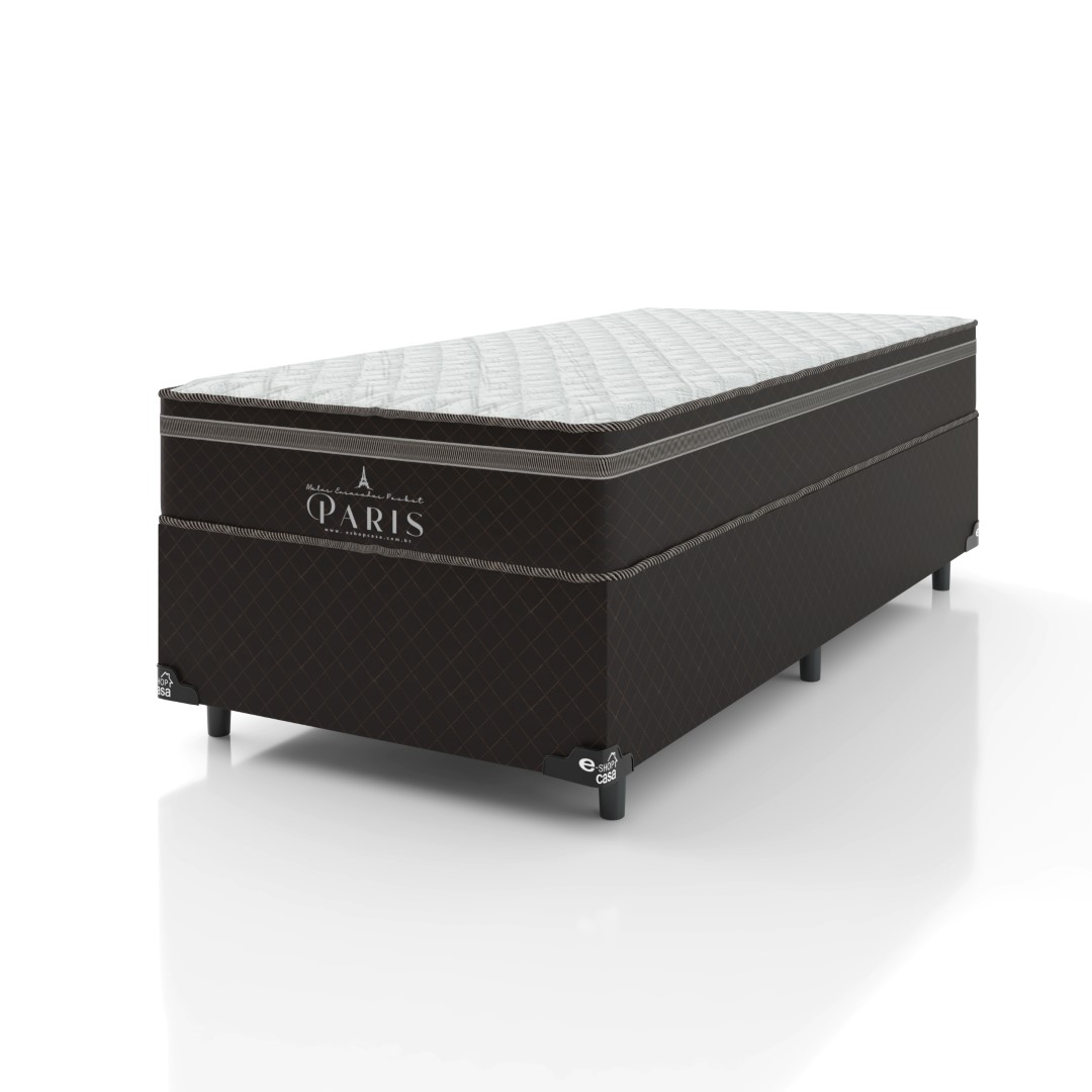 Cama Box Solteiro + Colchão Paris Molas Ensacadas Pocket -  61x88x188cm - Jacquard Marrom