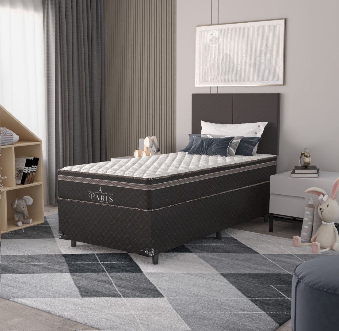 Cama Box Solteiro + Colchão Paris Molas Ensacadas Pocket -  61x88x188cm - Jacquard Marrom