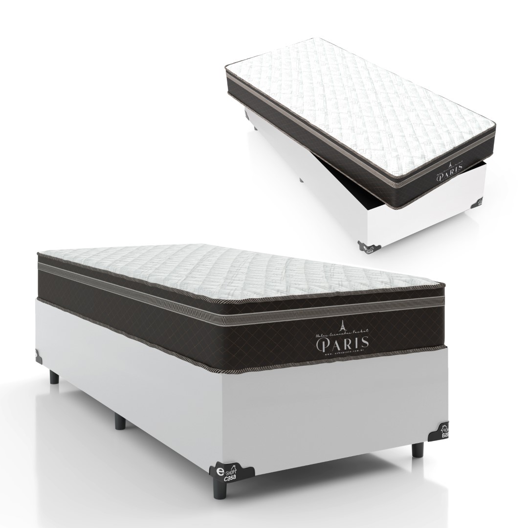 Cama Box Solteiro + Colchão Paris Molas Ensacadas Pocket - 61x88x188cm - Couro Branco