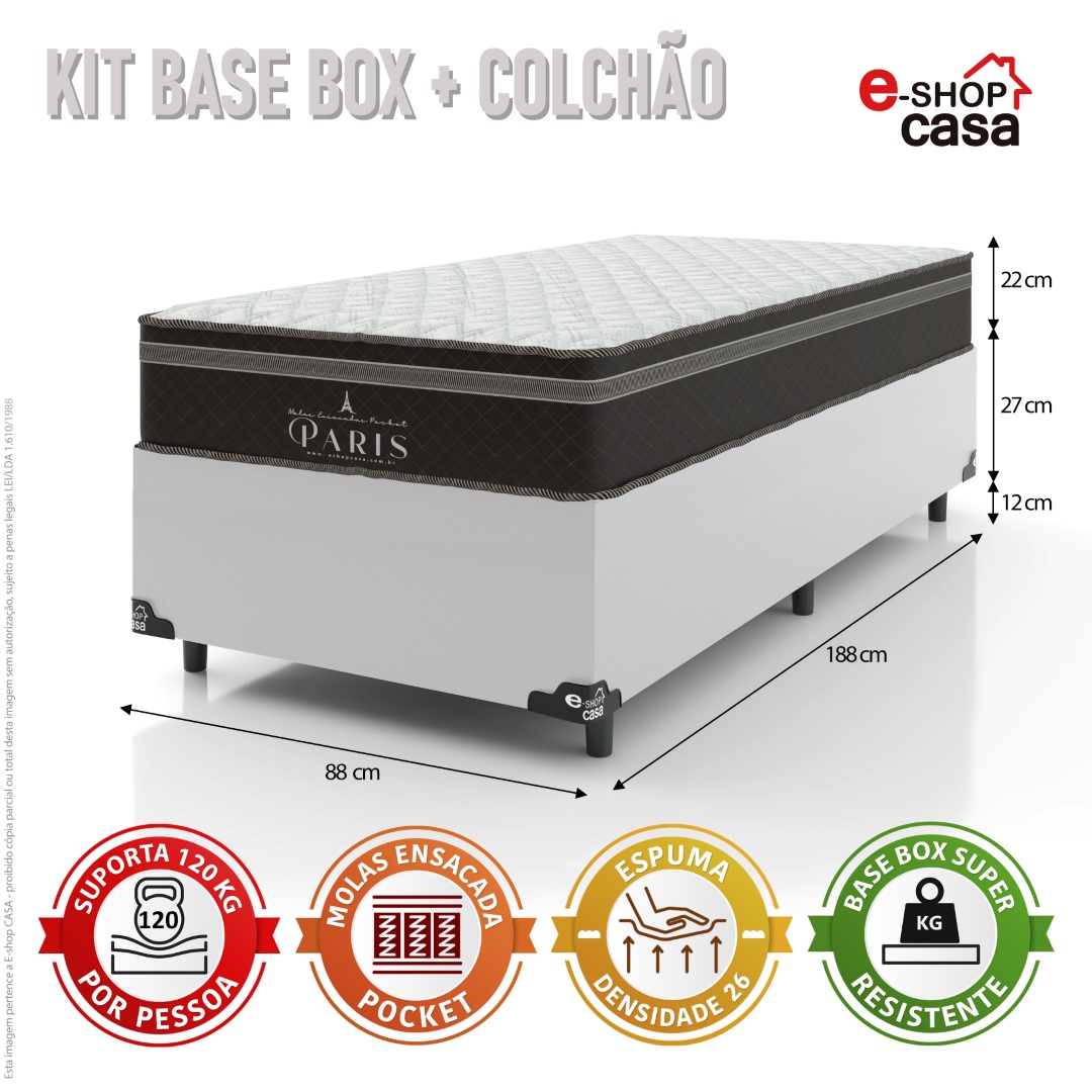 Cama Box Solteiro + Colchão Paris Molas Ensacadas Pocket - 61x88x188cm - Couro Branco