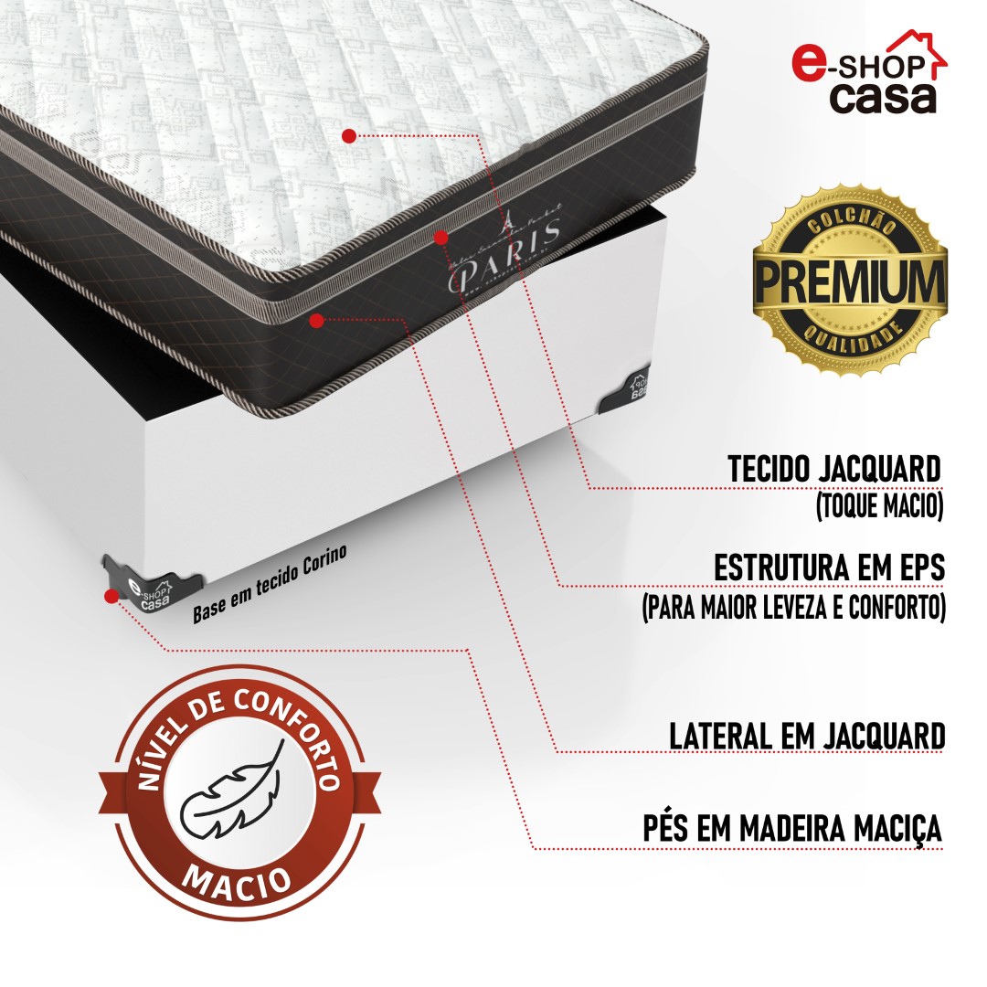 Cama Box Solteiro + Colchão Paris Molas Ensacadas Pocket - 61x88x188cm - Couro Branco