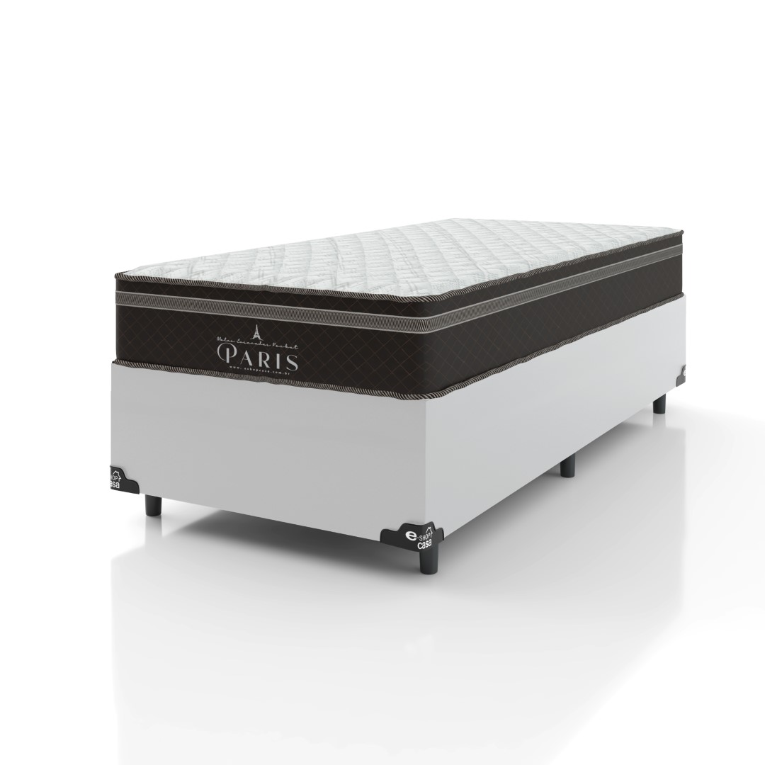 Cama Box Solteiro + Colchão Paris Molas Ensacadas Pocket - 61x88x188cm - Couro Branco