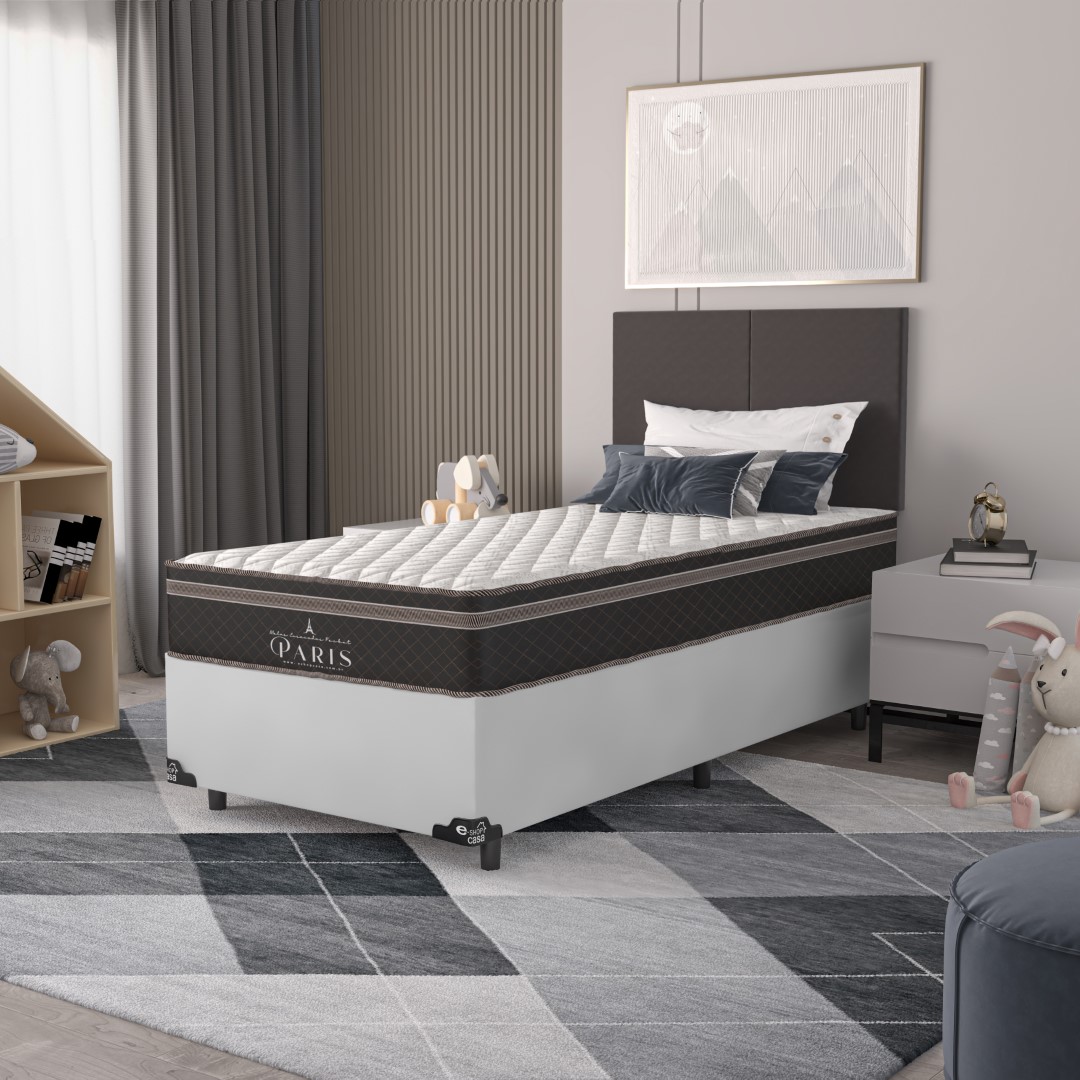 Cama Box Solteiro + Colchão Paris Molas Ensacadas Pocket - 61x88x188cm - Couro Branco