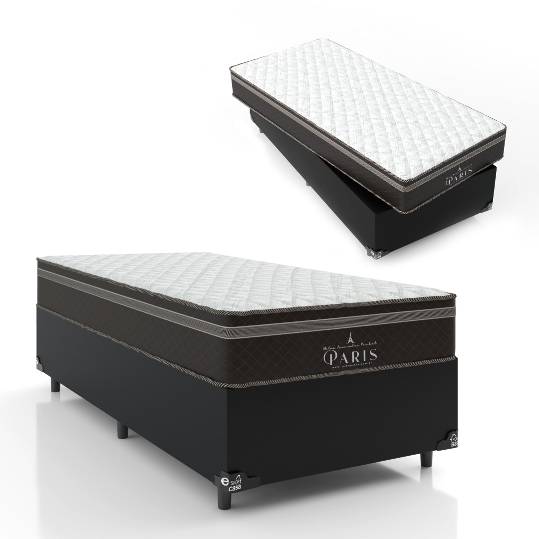 Cama Box Solteiro + Colchão Paris Molas Ensacadas Pocket - 61x88x188cm - Couro Preto