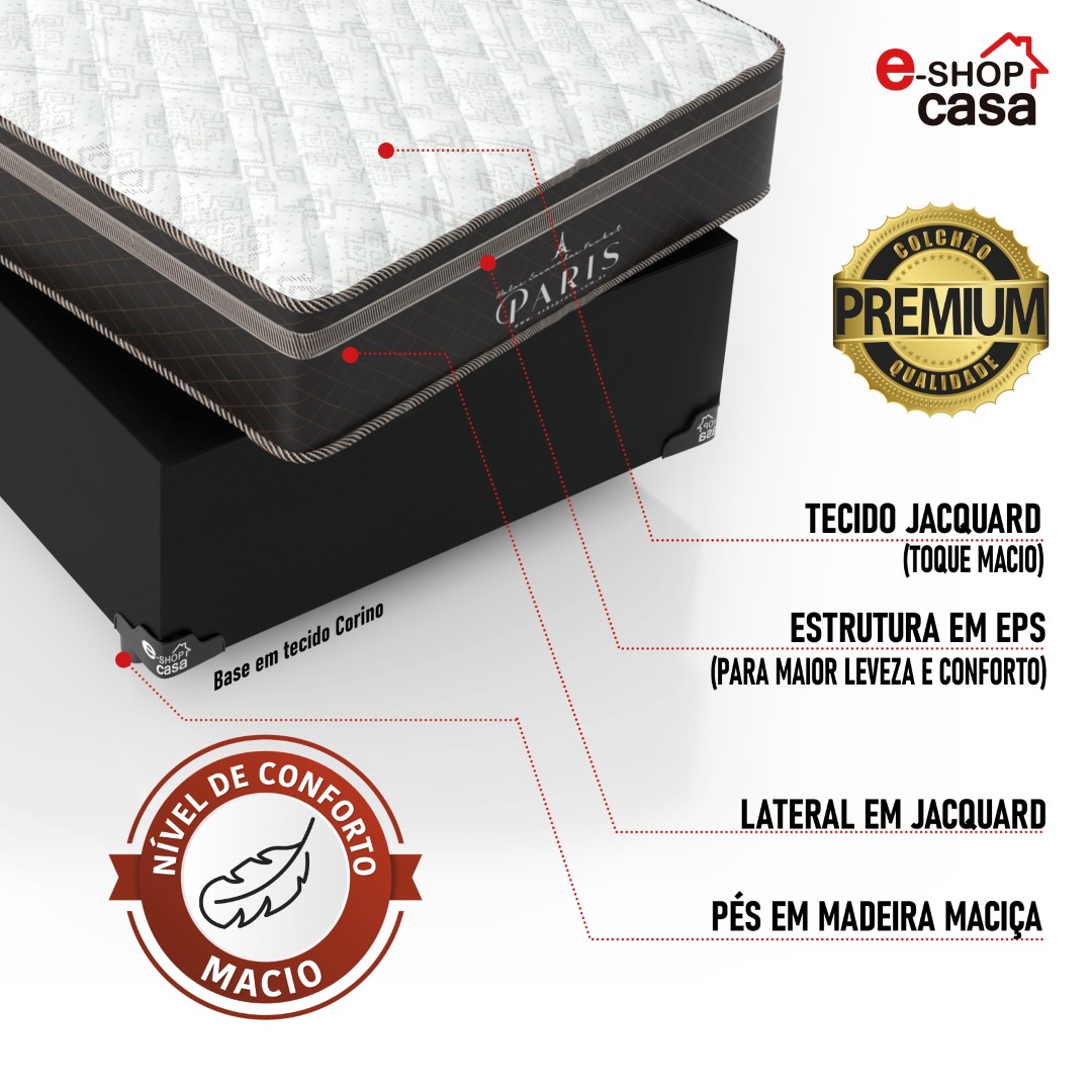Cama Box Solteiro + Colchão Paris Molas Ensacadas Pocket - 61x88x188cm - Couro Preto
