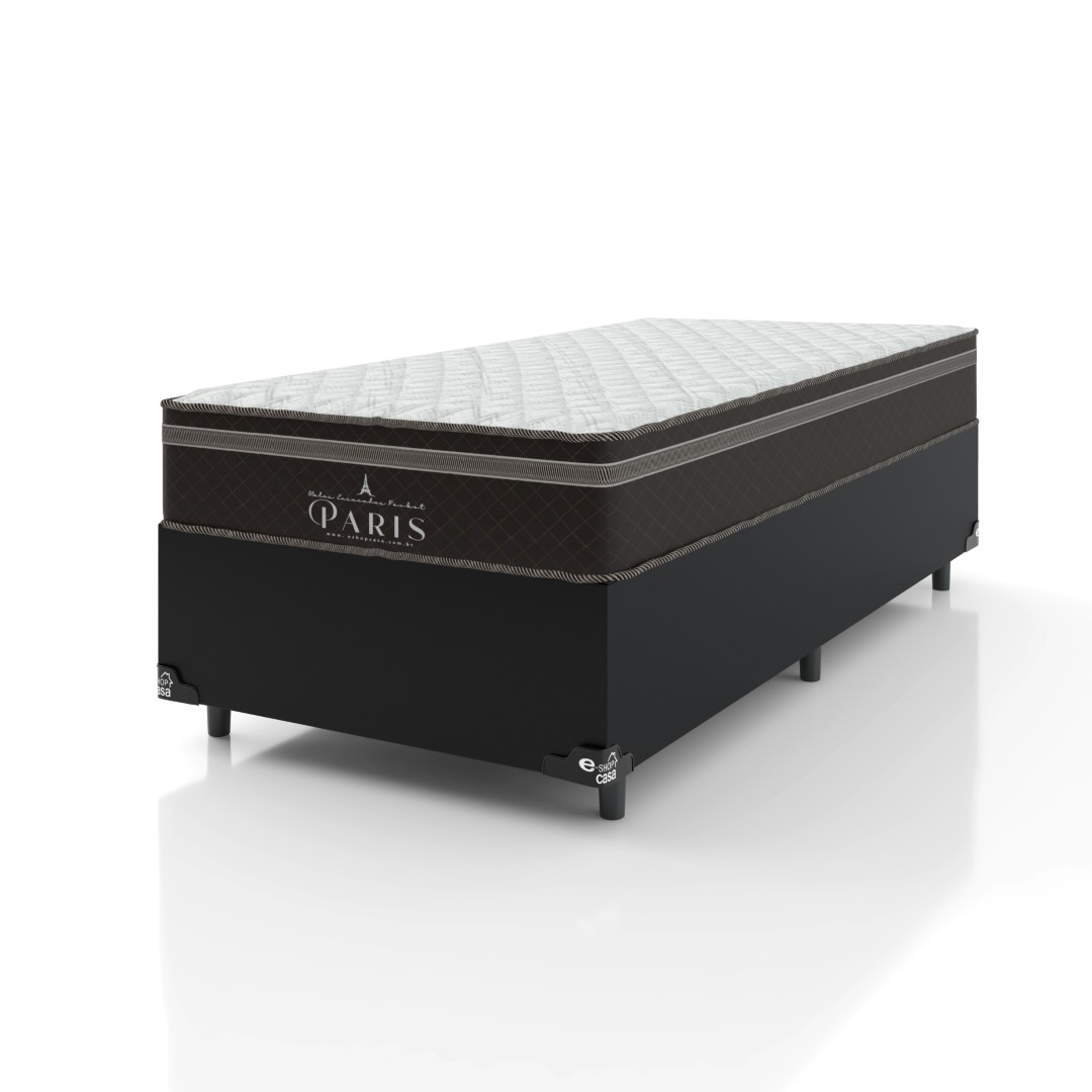 Cama Box Solteiro + Colchão Paris Molas Ensacadas Pocket - 61x88x188cm - Couro Preto