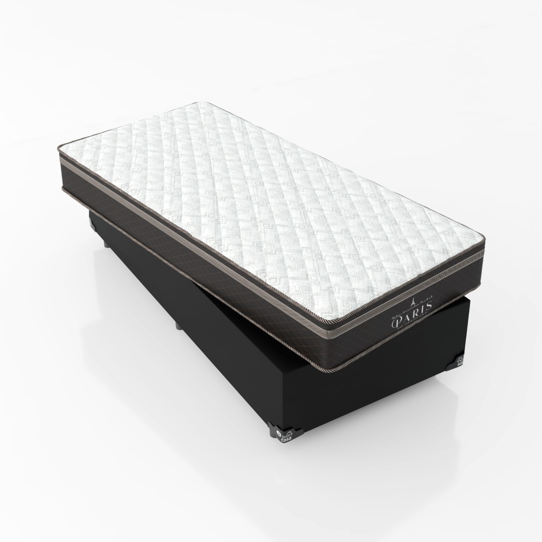 Cama Box Solteiro + Colchão Paris Molas Ensacadas Pocket - 61x88x188cm - Couro Preto
