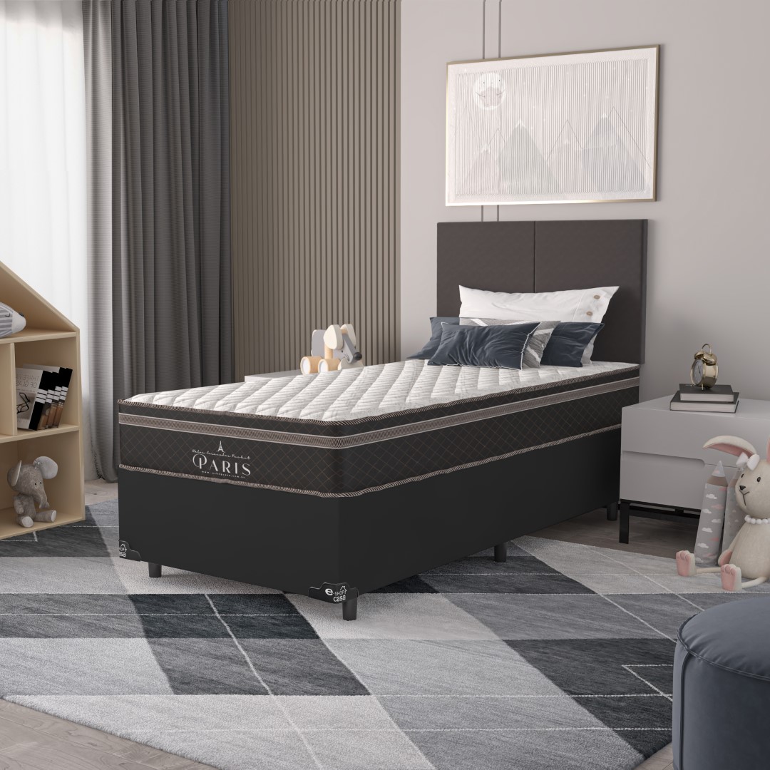 Cama Box Solteiro + Colchão Paris Molas Ensacadas Pocket - 61x88x188cm - Couro Preto