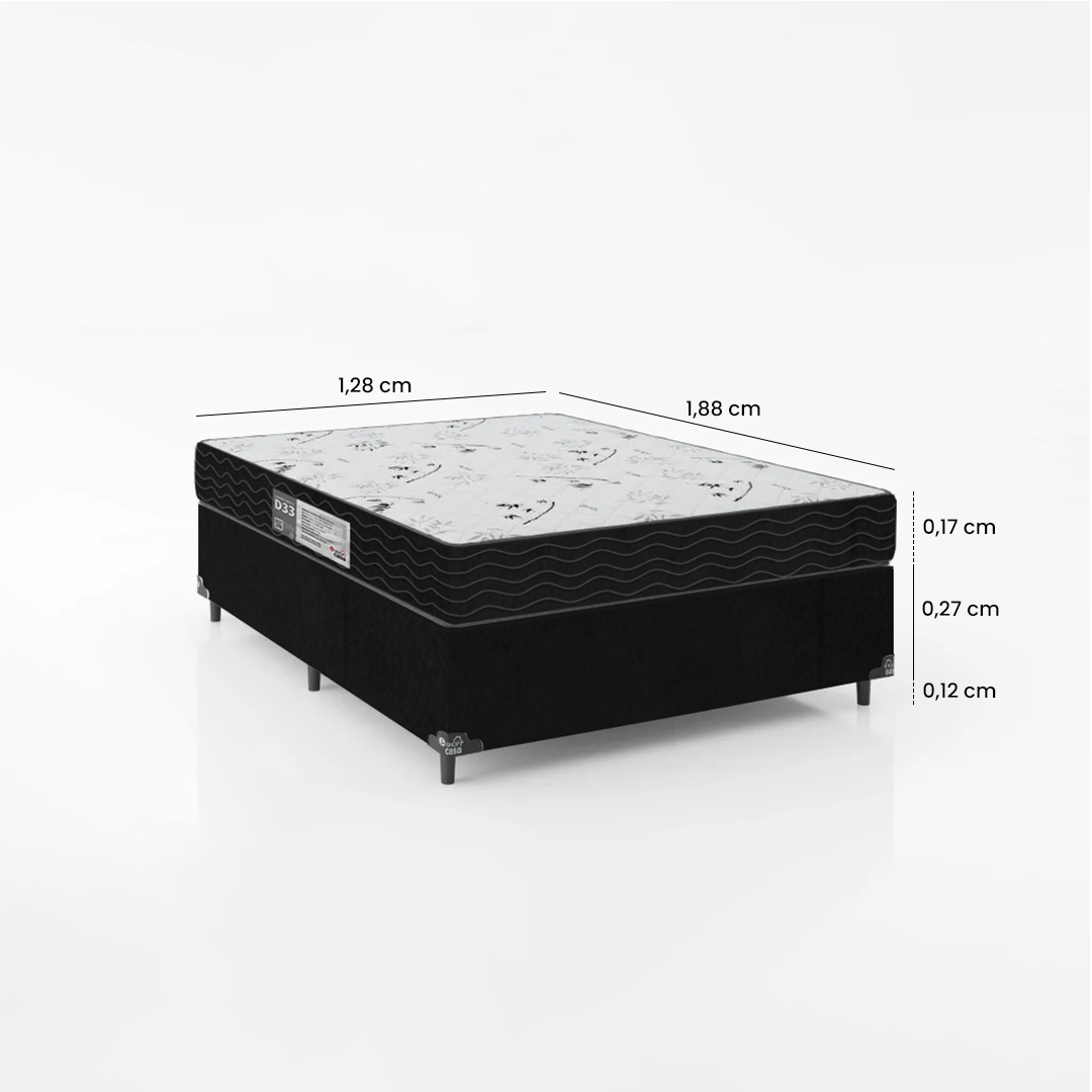 Cama Box Viúva + Colchão D33 One Face - 56x128x188cm - Suede Preto