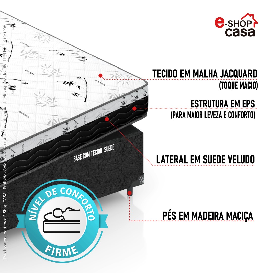 Cama Box Viúva + Colchão D33 One Face - 56x128x188cm - Suede Preto