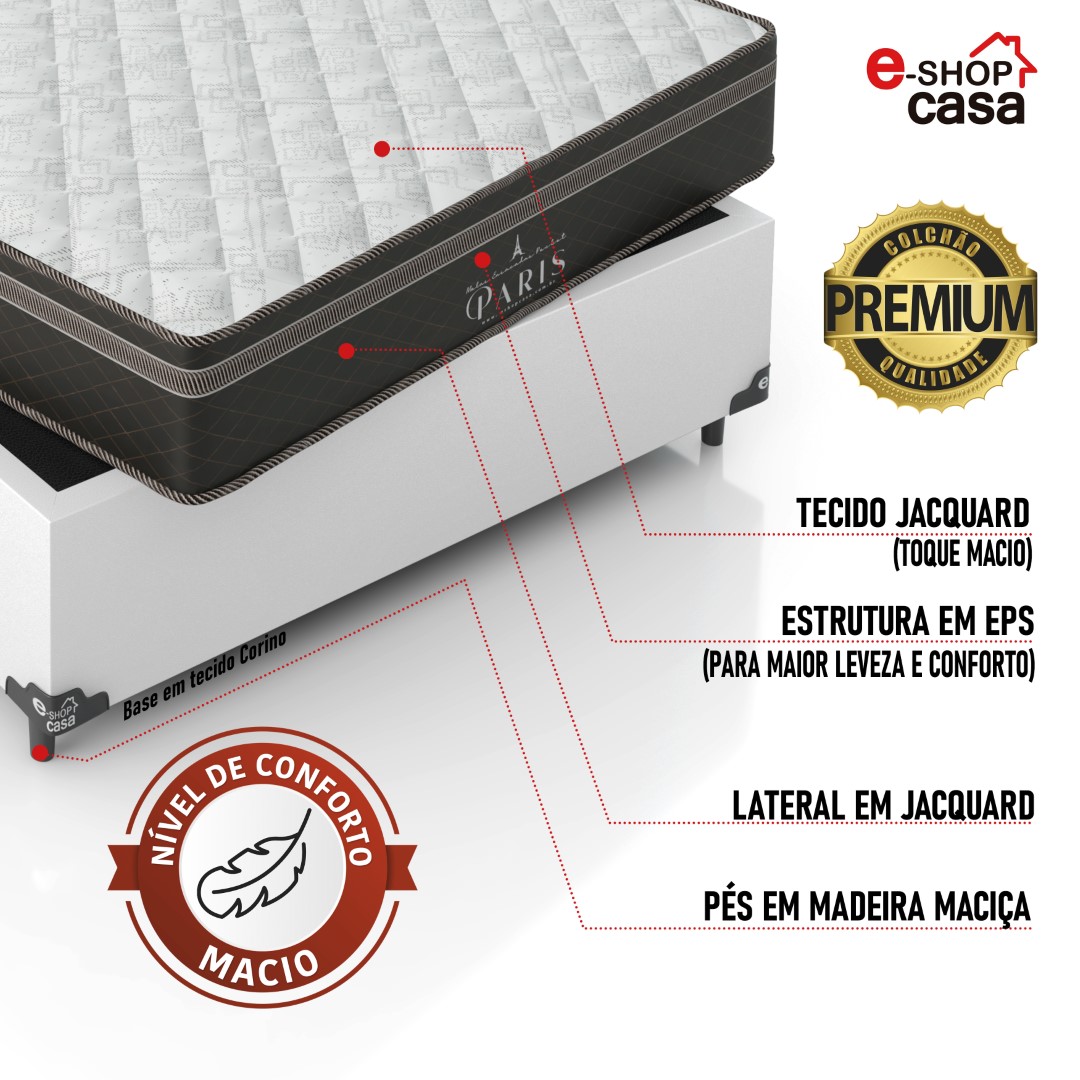 Cama Box Viúva + Colchão Paris Molas Ensacadas Pocket - 61x128x188cm - Couro Branco