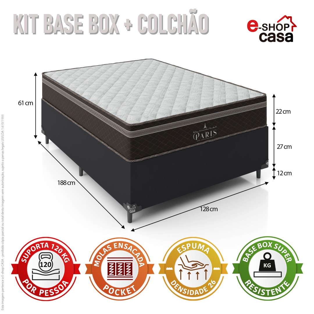 Cama Box Viúva + Colchão Paris Molas Ensacadas Pocket - 61x128x188cm - Couro Preto