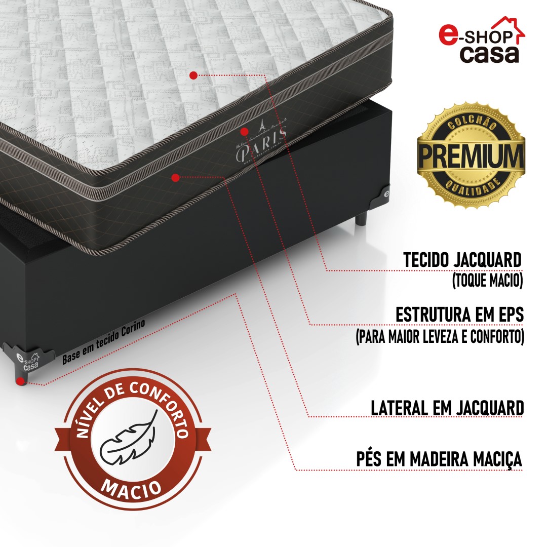Cama Box Viúva + Colchão Paris Molas Ensacadas Pocket - 61x128x188cm - Couro Preto