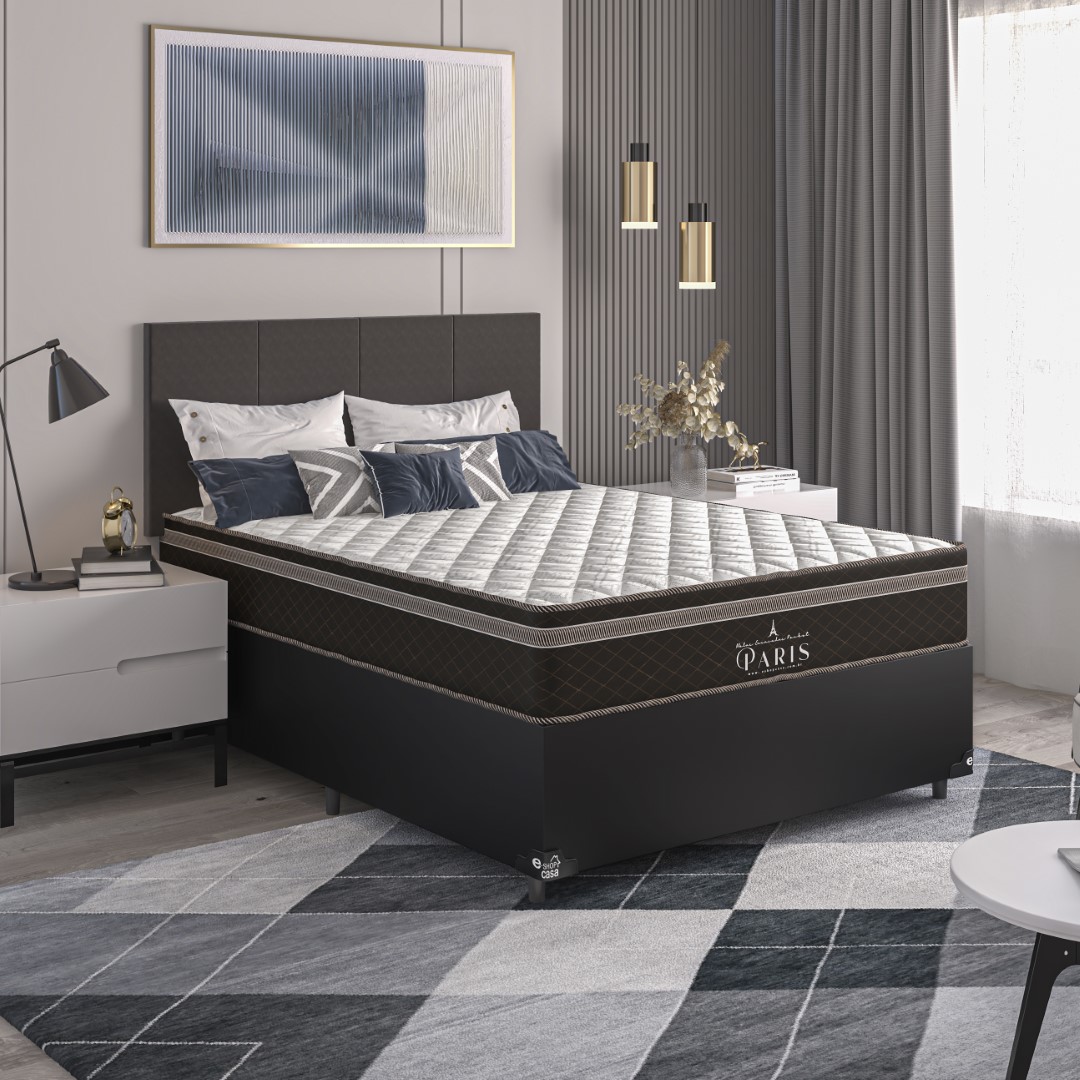 Cama Box Viúva + Colchão Paris Molas Ensacadas Pocket - 61x128x188cm - Couro Preto