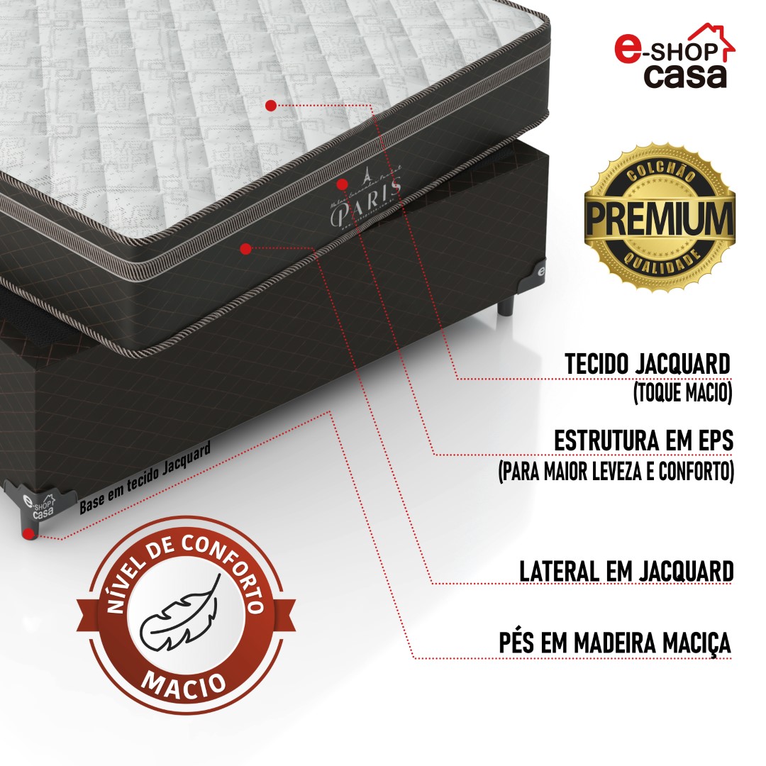 Cama Box Viúva + Colchão Paris Molas Ensacadas Pocket - 61x128x188cm - Jacquard Marrom