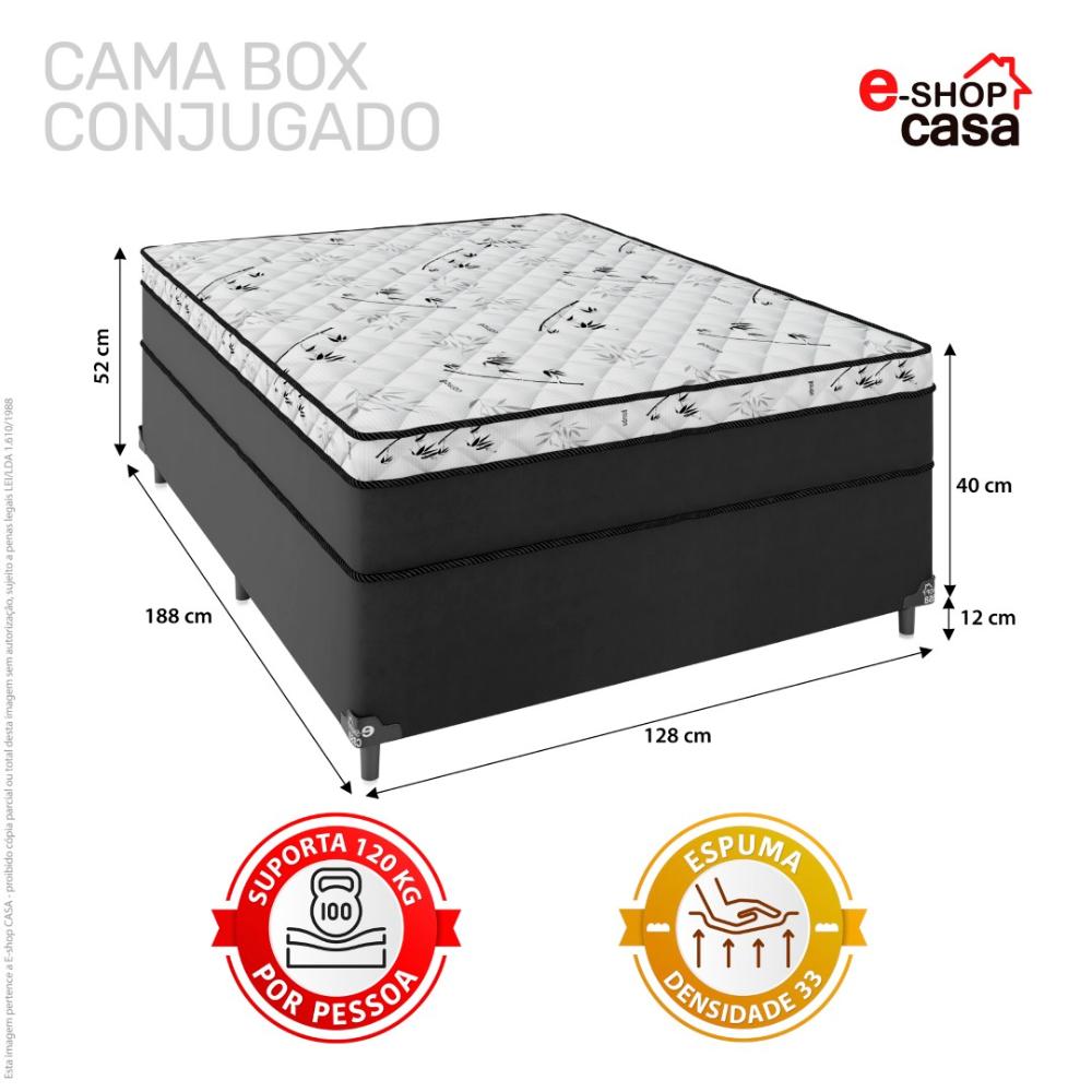 Cama Box Viúva Conjugada Espuma D33 - Suede Preto/Bamboo Branco - 52x128x188cm - e-Shop Casa