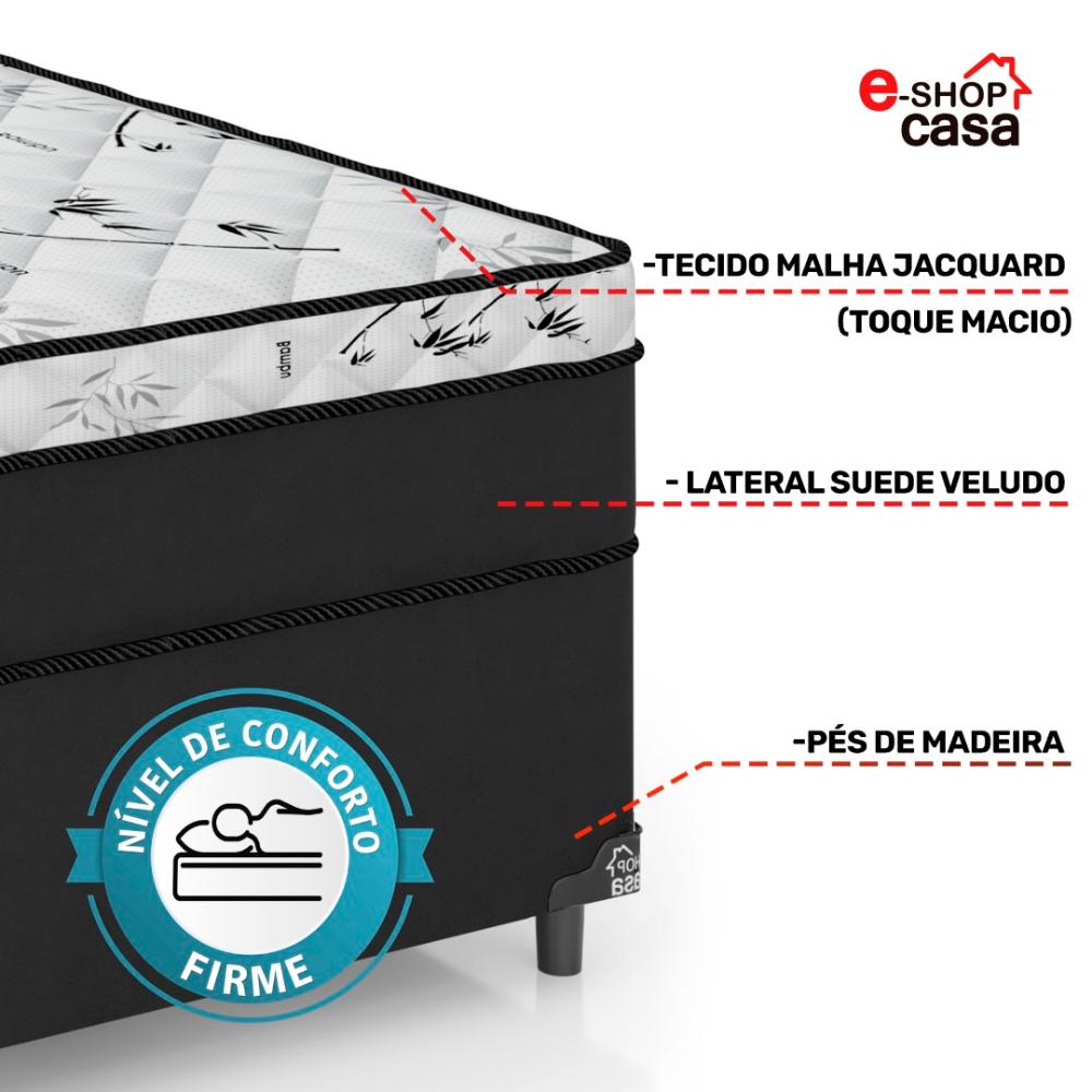 Cama Box Viúva Conjugada Espuma D33 - Suede Preto/Bamboo Branco - 52x128x188cm - e-Shop Casa
