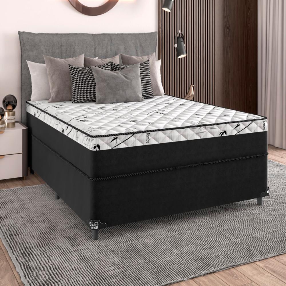 Cama Box Viúva Conjugada Espuma D33 - Suede Preto/Bamboo Branco - 52x128x188cm - e-Shop Casa
