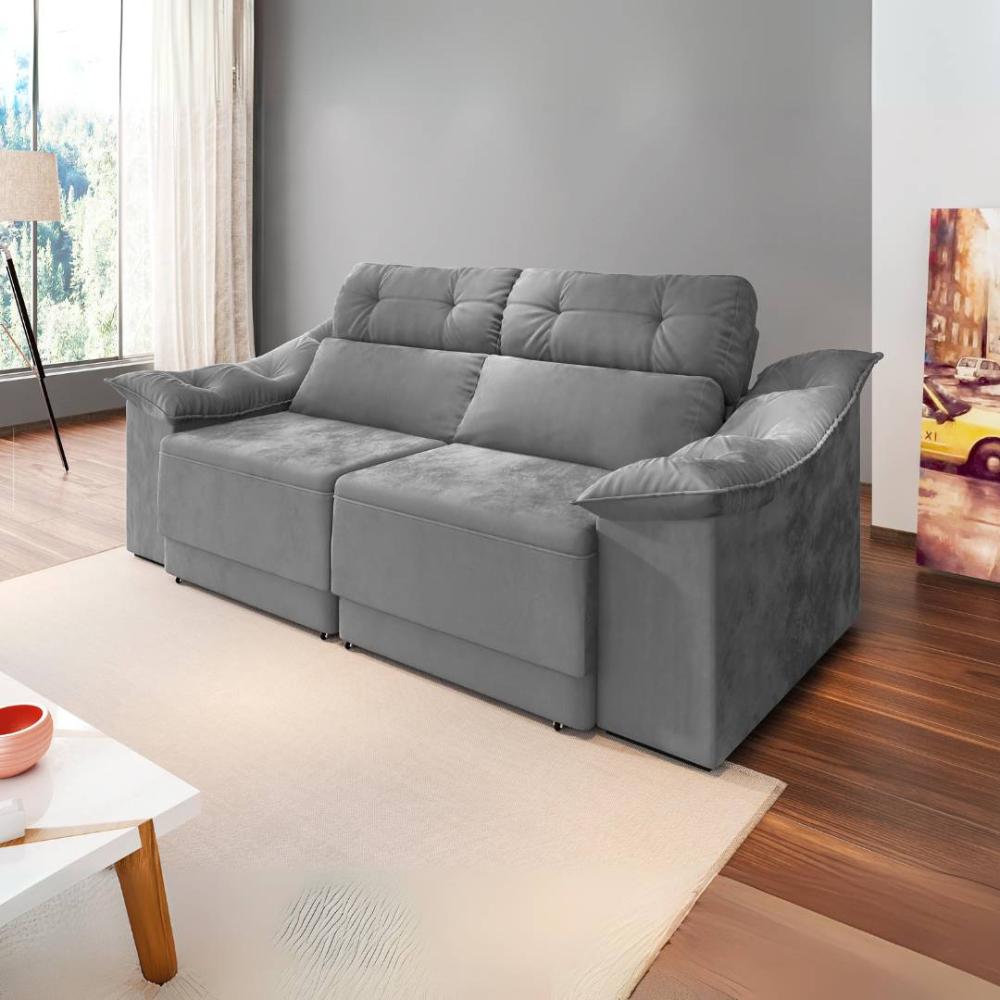 Sofá Reclinável Retrátil 2,10m Athenas- Suede Cinza