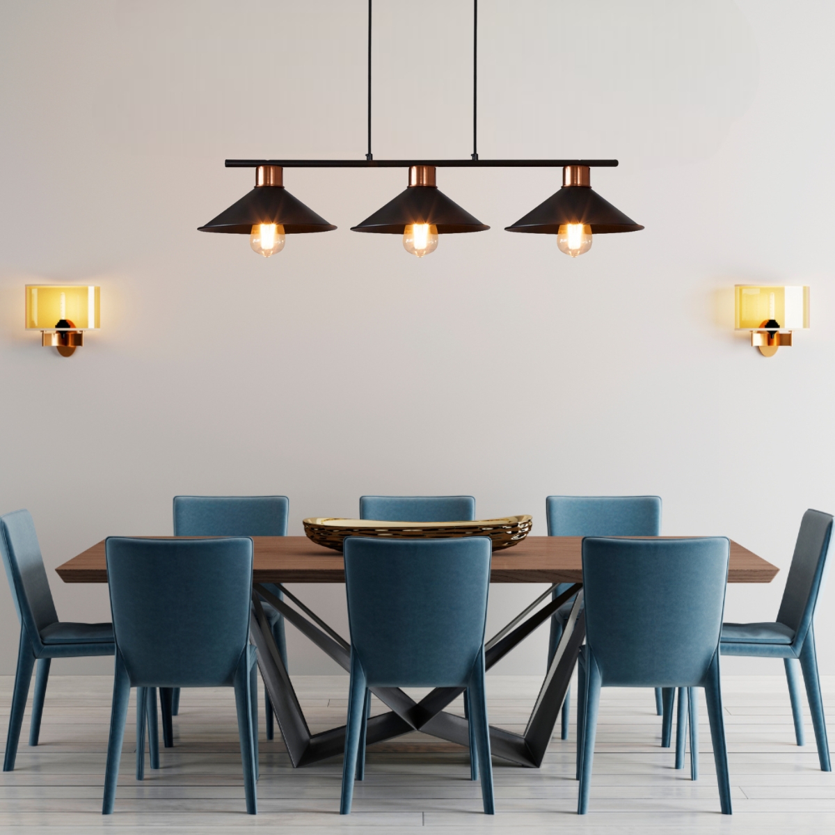 Lustre Pendente Queens Triplo  Moderno Preto E Cobre Polido Spotline