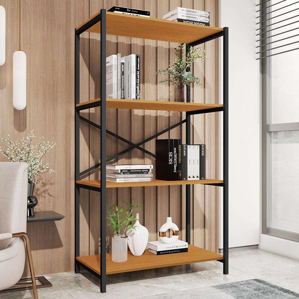 Estante Livreiro Steel 90cm Estilo Industrial com Pés em Aço Preto/Naturale