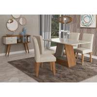 Conjunto de Mesa de Jantar Retangular Alana com Vidro e 4 Cadeiras Milena Suede Bege e Off White
