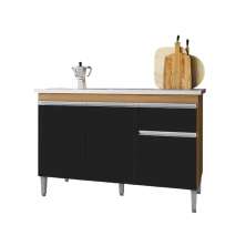 Balcão de Pia 120 cm Talita 3 Portas 1 Gaveta Amêndoa/Preto