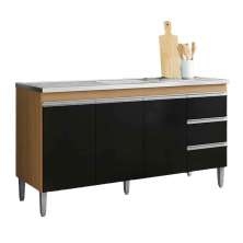 Balcão de Pia 150 cm Adriana 3 Portas 3 Gavetas Amêndoa/Preto