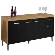 Balcão de Pia para Cozinha 150 cm Graziela 4 Portas 1 Gaveta Amêndoa/Preto