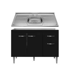 Balcão Gabinete Com Pia Inox 120cm 3 Portas e 1 Gaveta Gabriela Preto - AJL Móveis