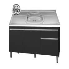 Balcão Gabinete Com Pia Inox 120cm 3 Portas e 1 Gaveta Tatiane Preto - AJL Móveis
