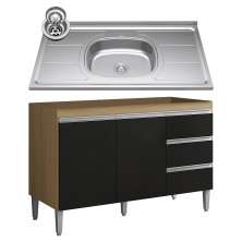 Balcão de Cozinha Com Pia Inox 100cm 3 Gavetas Andréia Amêndoa/Preto - AJL Móveis