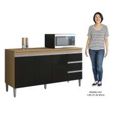 Balcão de Cozinha Com Tampo 150cm 3 Gavetas Andréia Amêndoa/Preto - AJL Móveis