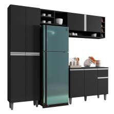 Cozinha Modulada Vanessa 230cm Paneleiro, Balcão com Tampo MDP e Aéreo Preto - AJL Móveis