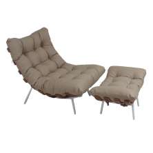 Poltrona Costela Original com Banqueta em Couro Areia Natural Base Branca