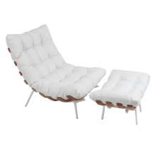 Poltrona Costela Original com Banqueta em Couro Branca Natural Base Branca