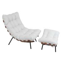 Poltrona Costela Original com Banqueta em Couro Branca Natural Base Preta