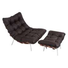 Poltrona Costela Original com Banqueta em Couro Marrom Natural Base Branca