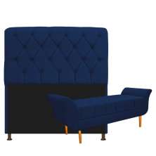 Kit Cabeceira Lady e Recamier Ari 140 cm Casal Suede Azul Marinho - Amarena Móveis
