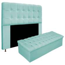 Kit Cabeceira e Calçadeira Baú Estofada Mel 140 cm Casal Com Botonê  Suede Azul Tiffany - Amarena Móveis