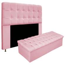 Kit Cabeceira e Calçadeira Baú Estofada Mel 140 cm Casal Com Botonê  Suede Rosa Bebê - Amarena Móveis