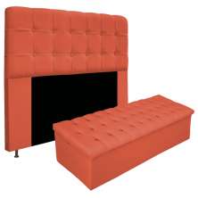Kit Cabeceira e Calçadeira Baú Estofada Mel 140 cm Casal Com Botonê  Suede Terracota - Amarena Móveis