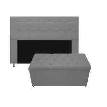 Kit Cabeceira e Calçadeira Baú Estofada Mel 140 cm Casal Com Capitonê Corano Cinza - Amarena Móveis