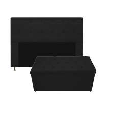Kit Cabeceira e Calçadeira Baú Estofada Mel 140 cm Casal Com Capitonê Corano Preto - Amarena Móveis