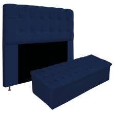 Kit Cabeceira e Calçadeira Baú Estofada Mel 140 cm Casal Com Capitonê Suede Azul Marinho - Amarena Móveis