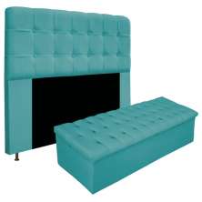 Kit Cabeceira e Calçadeira Baú Estofada Mel 140 cm Casal Com Capitonê Suede Azul Turquesa - Amarena Móveis