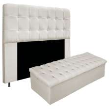 Kit Cabeceira e Calçadeira Baú Estofada Mel 140 cm Casal Com Capitonê Suede Bege - Amarena Móveis