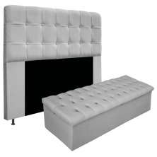 Kit Cabeceira e Calçadeira Baú Estofada Mel 140 cm Casal Com Capitonê Suede Cinza - Amarena Móveis